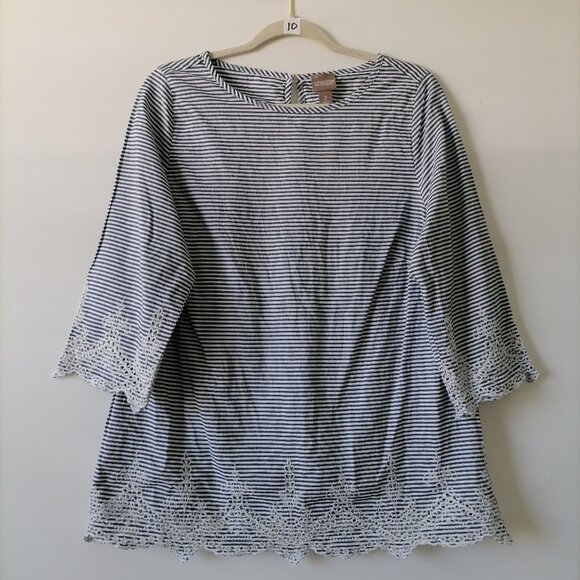 Chico's Womens Blue Round Neck Lace Detailing Striped Blouse Top Size 2 US L - Picture 1 of 7